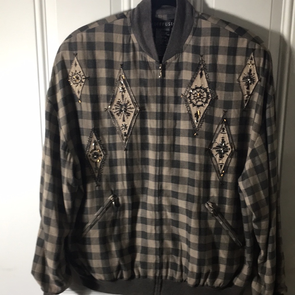 I.B. Diffusion grey checked zip front embellished jacket size 8. Vintage